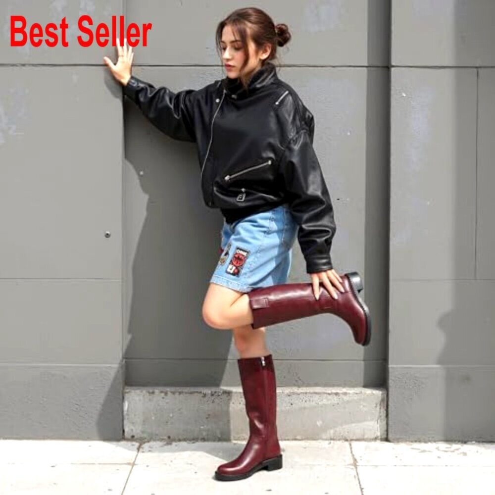 Faux Leather Knee High Boots Low Chunky Heel Round Toe Side Zipper - Picture 6 of 7